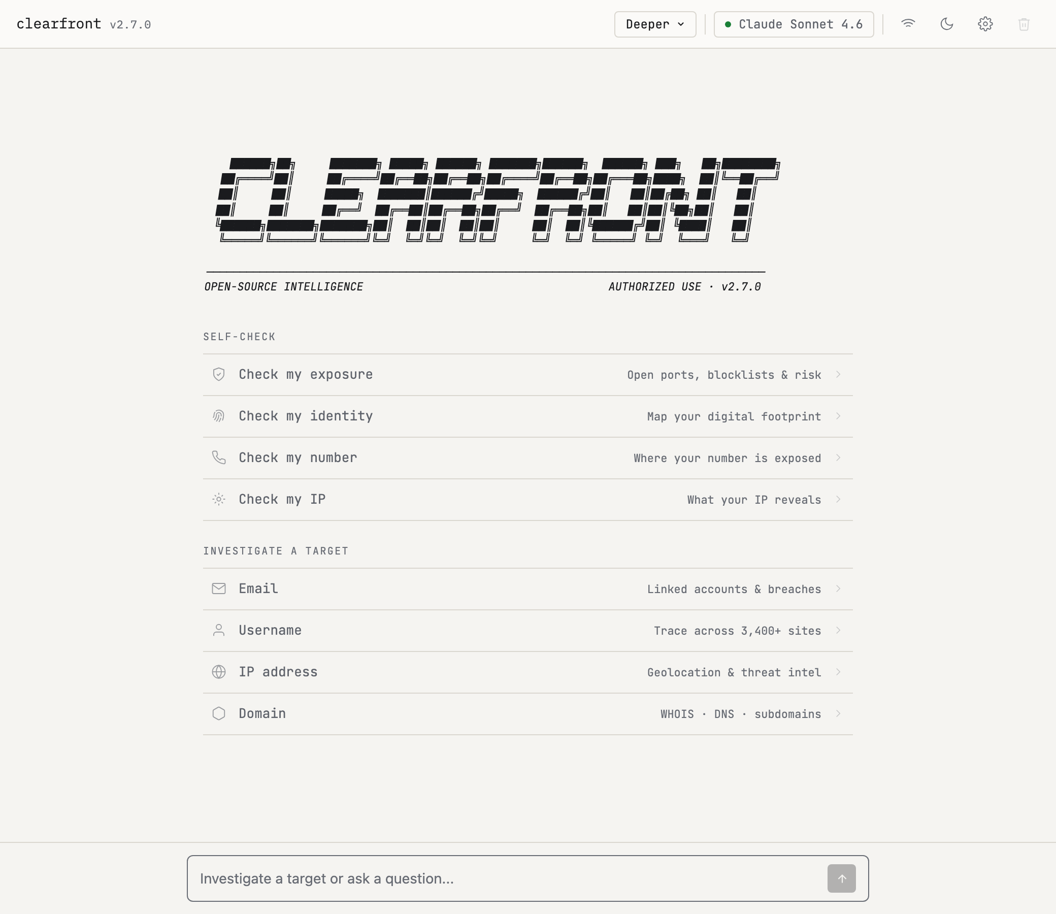 The Clearfront console running a self-check across its collection tools.
